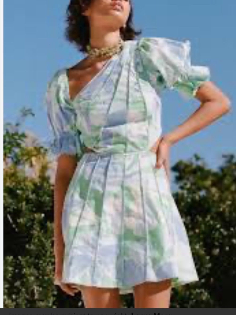 Puff-Sleeve V-Neck Mini Dress in Pastel Green & White